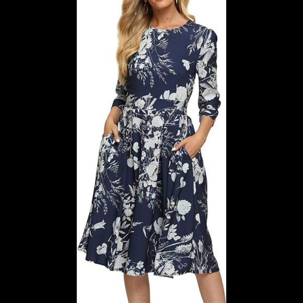 Women's Floral Vintage Dress Elegant Midi Evening Dress 3/4 Sleeves